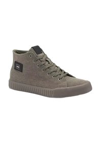 Zapatillas altas en lona verde oliva con un acabado texturizado, suela de goma y un acento de logo negro en el costado. Diseño con cordones.