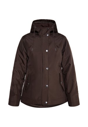Brun vandtæt jakke med hætte, frontlukning med trykknapper, snørelukninger og to sidelommer; har en glat, holdbar stof.