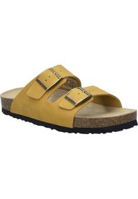 Yellow leather sandals with two adjustable buckles, cork footbed, and black textured rubber outsole. Smooth surface and minimalist design.