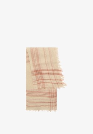Tkaninny szalik w odcieniu beżowym z jasnoróżowymi paskami. Krawędzie ozdobione postrzępionymi detalami, co dodaje miękkiego wykończenia i warstwowego wzoru.