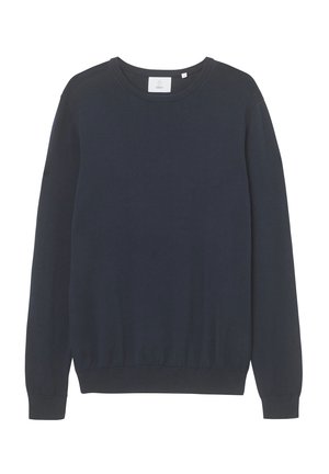 Marineblauwe sweatshirt van zachte stof, met lange mouwen, ribbelboord en zoom, met een eenvoudig en klassiek ontwerp.
