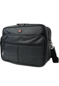 Zwarte leren schoudertas met een gestructureerd ontwerp, meerdere ritszakken en een afneembare schouderband. Bevat een klein logo-detail.