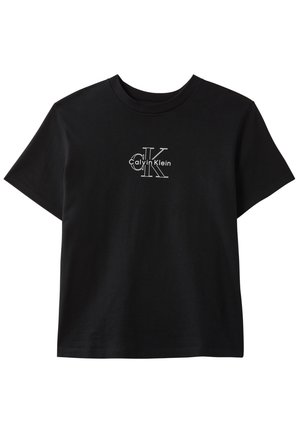 Sort T-shirt med korte ærmer og rund hals med hvidt Calvin Klein "CK" logo centreret på brystet.