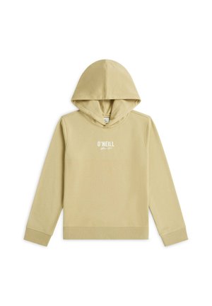 Beige capuchontrui met lange mouwen en een wit gedrukt "O'NEILL"-logo op de borst, plat weergegeven op een witte achtergrond.