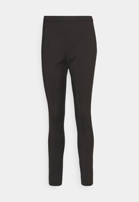 Schwarze maßgeschneiderte Hose mit schmalem Design, aus glattem Stoff gefertigt. Zu den Merkmalen gehören zwei Vorderfalten und eine schlanke Beinform.
