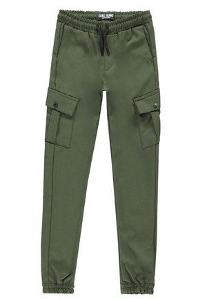 Cargo broek in olijfgroene stof, met een elastische tailleband, trekkoord en zijzakken met knoopsluitingen.
