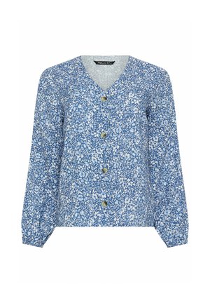 Niebieska, kwiecista bluzka na długi rękaw zapinana na guziki, z dekoltem w serek i elastycznymi mankietami, ozdobiona małymi białymi kwiatkami na całej tkaninie.