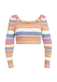 Gestreiftes Crop-Top aus Rippenstrick mit quadratischem Ausschnitt. Farben: Pink, Blau, Orange und Grün. Lange Ärmel, figurbetontes Design.