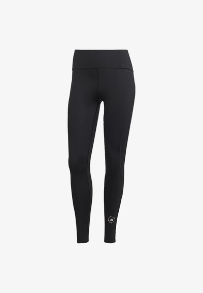 Crne atletske tajice od rastezljivog materijala, s visokim strukom i perforiranim bočnim panelima za prozračnost. Mali detalj loga na rubu.