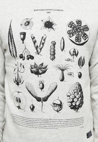 Sudadera gris con ilustraciones botánicas negras, etiquetadas con números, acompañadas de texto del "Konversations-Lexikon 1897" en la parte superior.