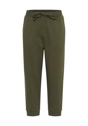 Olive rohelised jogger püksid pehmest kangast, millel on elastne vöökoht koos reguleeritava paelaga ja ribakujulised mansetid pahkluudel.