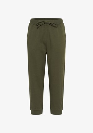 Olijfgroene joggervelgen gemaakt van zachte stof, met een elastische tailleband met verstelbare trekkoorden en ribgebreide boorden bij de enkels.