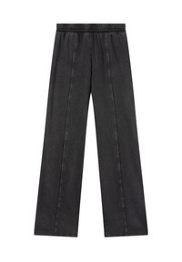 Czarne spodnie o szerokich nogawkach z elastycznym paskiem w talii i pionowymi szwami biegnącymi wzdłuż każdej nogawki.