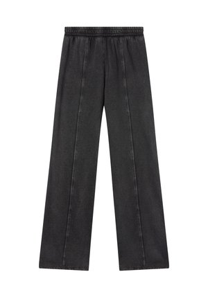 Pantaloni neri a gamba larga con cintura elastica e dettagli di cucitura verticale che scorrono lungo ogni gamba.