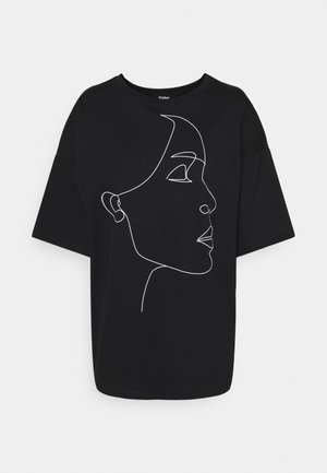 Black t-shirt made of cotton with short sleeves, featuring a white line drawing of a face on the front. Relaxed fit and round neckline.