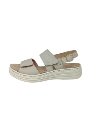 Sandal aperto grigio chiaro con due cinturini regolabili in velcro, una soletta imbottita e una suola piatta bianca spessa.