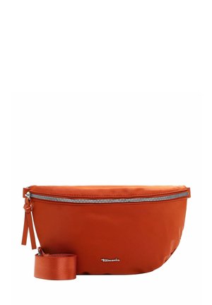 Orange nylon belt bag with a zip closure. Features a detachable strap and embossed logo detail. Smooth texture and rounded design.