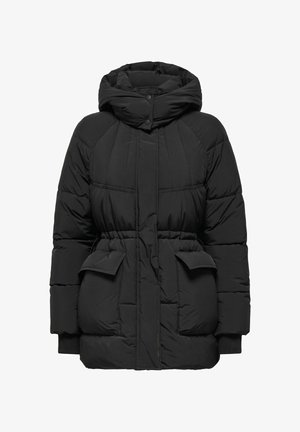 Veste matelassée noire avec capuche à cordon de serrage, coupe oversize, grandes poches avant, poignets élastiques et texture matelassée.