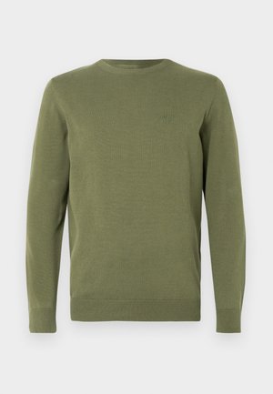 Long-sleeve olive green crew neck sweater with ribbed cuffs and hem, featuring a subtle embroidered logo on the left chest.