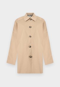 Μπεζ καμπαρντίνα με γιακά, έξι σκούρα κουμπιά και πλαϊνές τσέπες. Λείο ύφασμα με ελαφρώς δομημένη εφαρμογή.