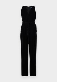 Svart sammets jumpsuit med V-hals, ärmlös design, bälte i midjan och bred, rak passform. Dragkedjestängning bak.