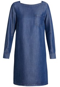 Tummansinisestä denimitarjouksesta, jossa on pitkät hihat, leveä kaula-aukko ja yksi rintatasku. Siisti rakenne ja keskikokoinen malli.