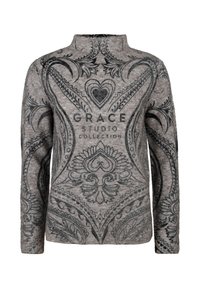 Gray long-sleeve turtleneck sweater with black ornate floral and heart patterns, featuring "GRACE STUDIO COLLECTION" text on the front.