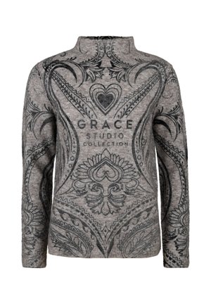 Grauer langärmliger Rollkragenpullover mit schwarzen, ornamentalen Blumen- und Herzmustern, versehen mit dem Text "GRACE STUDIO COLLECTION" auf der Vorderseite.