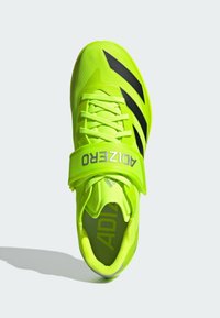 Lime green sports shoe featuring black accents, a strap with "ADIZERO" text, textured upper, and lace-up design.