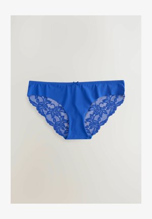 Modré kalhotky s pevným předním dílem a složitými krajkovými bočními částmi s květinovým vzorem a vykrojením. Malá mašlička ve středu.