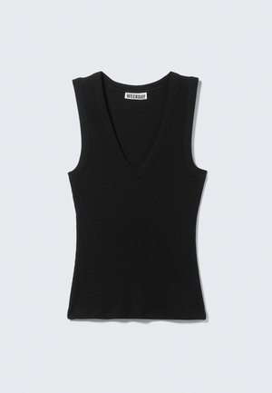 Sort ærmeløs ribstrikket top med V-hals og "WEEKDAY" label inde i kraven, vist på en flad lysegrå baggrund.