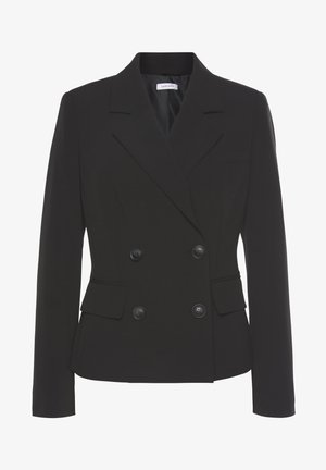 Black double-breasted blazer made of smooth fabric, featuring notched lapels, two front pockets, and four black buttons.