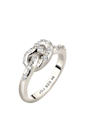 Sterlingsilberring mit einem verschlungenen Knotendesign, verziert mit kleinen runden klaren Edelsteinen entlang des Knotens und des Rings.