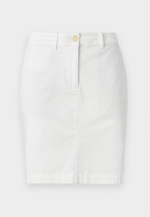 Bílá bavlněná tužková sukně s předním zapínáním na knoflíky, poutky na opasek a hladkou texturou. Minimalistický design, délka ke kolenům.