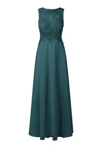 Vestido de noche en tono teal con un corsé ajustado y detalles de encaje, y una falda larga y fluida. Diseño sin mangas con una textura suave.