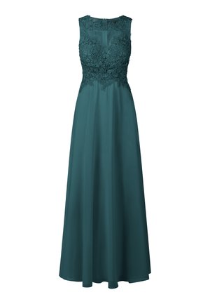 Turkusowa wieczorowa sukienka z dopasowanym topem z koronkowymi detalami i zwiewną, sięgającą do ziemi spódnicą. Bez rękawów, o gładkiej fakturze.