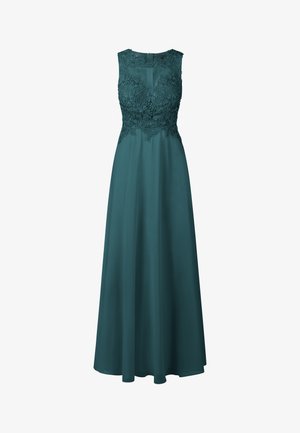 Turkusowa wieczorowa sukienka z dopasowanym topem z koronkowymi detalami i zwiewną, sięgającą do ziemi spódnicą. Bez rękawów, o gładkiej fakturze.