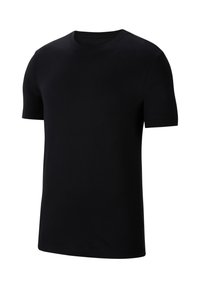 Black short-sleeve t-shirt made from soft cotton fabric. Features a round neckline and a regular fit. Smooth texture with no patterns or accents.