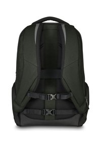Zaino in tessuto verde con spallacci imbottiti, fibbie regolabili e design strutturato. Presenta una superficie testurizzata e accenti scuri.