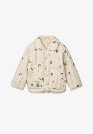Veste matelassée pour enfants couleur crème avec motif pêche et feuilles, boutons-pression, deux poches avant et un col volanté.