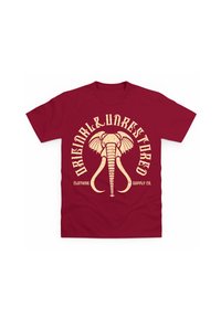 Camiseta burdeos con un gráfico de elefante en color crema, rodeado del texto "Original Unrestricted Clothing Supply Co." Material de algodón suave.