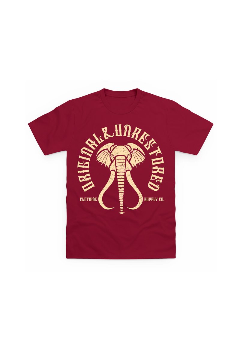 Camiseta burdeos con un gráfico de elefante en color crema, rodeado del texto "Original Unrestricted Clothing Supply Co." Material de algodón suave.
