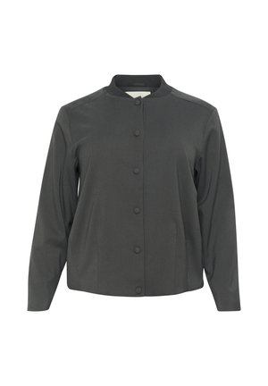 Veste grise à boutons avec un col rond, des manches longues et une texture lisse. Présente des boutons-pression et un design décontracté et structuré.