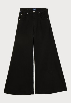 Black wide-leg jeans made of denim, featuring a high waist, five-pocket design, and silver-tone hardware at the front.