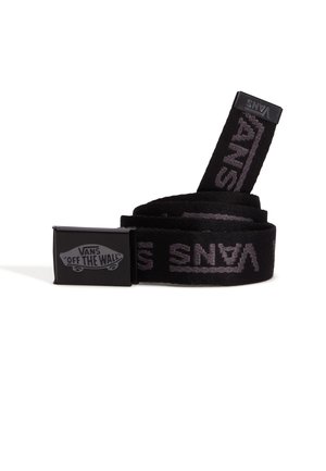 Ceinture en tissu noire avec le logo Vans gris répété et une boucle rectangulaire en métal noir embossée du logo skateboard "Vans Off The Wall".