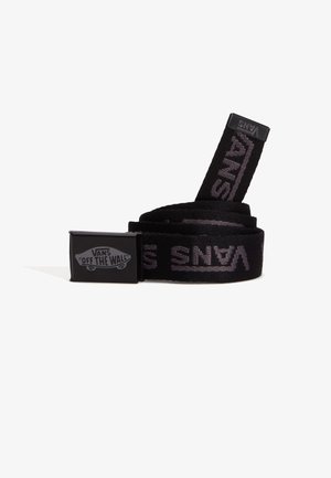 Schwarzer Stoffgürtel mit wiederholtem grauem Vans-Logo und einer rechteckigen schwarzen Metallschnalle, geprägt mit dem "Vans Off The Wall" Skateboard-Logo.