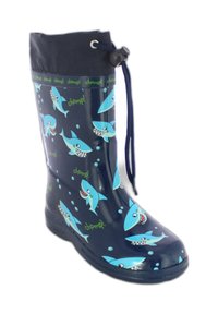 Bottes de pluie en caoutchouc bleu marine avec des motifs de requins bleu clair et le texte vert "chomp !". Comprend un cordon de serrage noir en haut pour l'ajustement.
