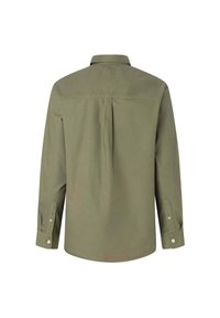 Camicia verde oliva con bottoni, dotata di piega sul retro, maniche lunghe e polsini con bottoni. Realizzata in tessuto liscio con un design del colletto classico.
