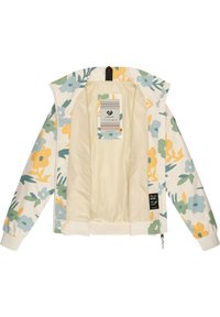 Blommönstrad jacka i krämfärgad med pastellblommor i grönt, gult och blått. Slät foder, framdragkedja och ribbade ärmslut.