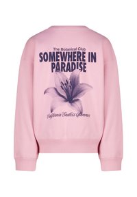 Roze sweatshirt met een grote donkerpaarse lelie en de tekst "The Botanical Club Somewhere in Paradise California Endless Summer" op de achterkant.
